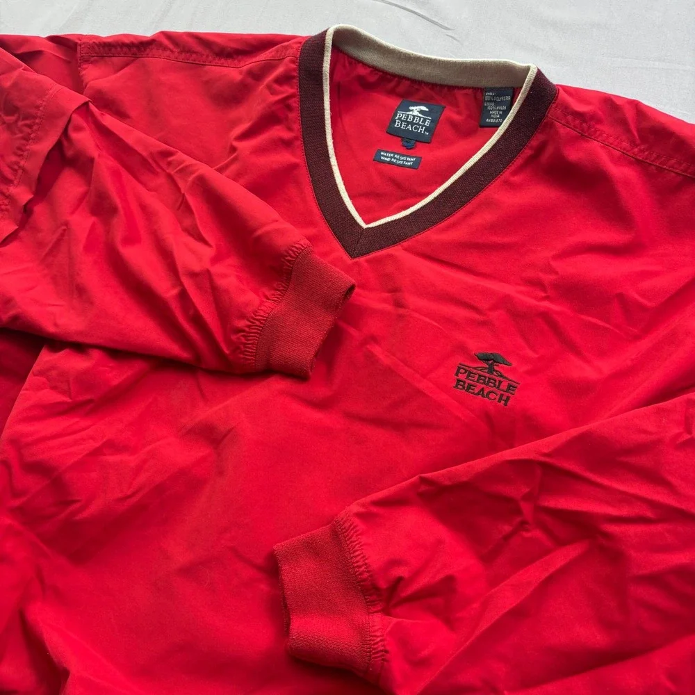 Pebble Beach Mens Red V-Neck Golf Windshirt Water Resistant Pullover Jacket L